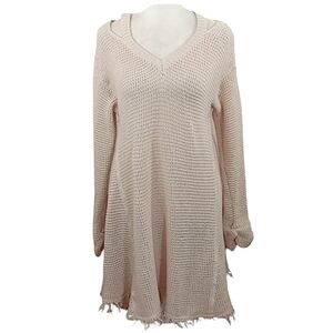 American Threads Tunic Sweater Beige Waffle Knit Cutout Shoulders Fringed V-neck